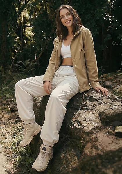 LookbookStore Women Natural Brown Waterproof Lightweight Rain Jacket Hooded Windbreaker Drawstring Zip Rain Coat for Hiking Outdoor Travel