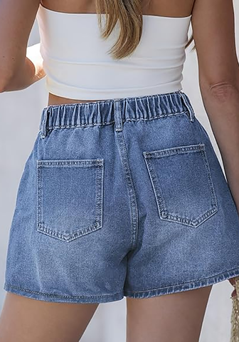 LookbookStore Bay Blue High Waisted Baggy Wide Leg Denim Shorts Women Elastic Waist Mom Jorts 4" Inseam Summer Casual