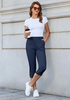LookbookStore Women Dark Blue Utility Skimmer Capri Pants With Big Patched Pockets Back Elastic Waistband Ideal For Travel Daily Casual