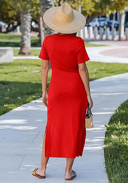 LookbookStore Women's Red Summer Casual Long Tshirt Dress Short Sleeve Self Tie Side Split Beach Vacation Dress 2026