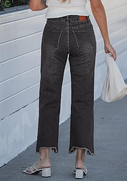 LookbookStore Women's Washed Black Mid Rise Straight Leg Cropped Jeans Baggy Loose Distressed Raw Hem Stretchy Denim Pants