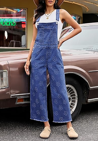 LookbookStore Women's Floral Classic Blue Embroidered Denim Overalls, Loose Fit Wide Leg Capri Bib Overall, Stretchy Raw Hem Summer Jean Jumpsuit
