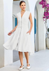 LookbookStore Women's White Summer Beach Vacation Linen Dress Casual Flowy V Neck Sleeveless Smocked Zip Midi Dress with Pockets