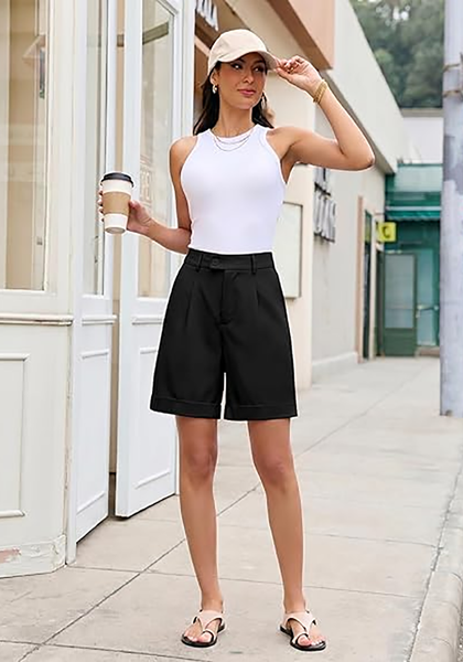 LookbookStore Women Black High Waist Pleated Wide Leg Shorts, Casual Dressy Baggy Midi Work Shorts with Rolled Hem & Pockets