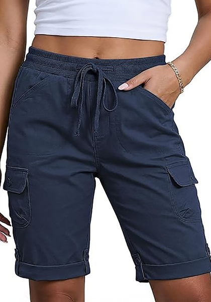 LookbookStore Women's Dark Blue Relaxed Fit Bermuda Shorts with Drawstring Waist and Utility Cargo Pockets