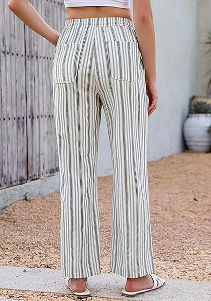 LookbookStore Cream White Stripe High Waisted Wide Leg Pants for Women Drawstring Waist Casual Comfort Pants