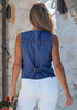 LookbookStore Women Classic Blue Casual Sleeveless Denim Vest Button Down Braided Adjustable Waist Western Jean Waistcoat