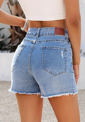 LookbookStore Women's Cody Blue Trendy High Waisted Jean Shorts - Ripped Distressed Raw Hem Stretchy Denim for Country Concerts