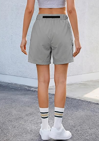 LookbookStore High Rise Titanium Gray Women's Cargo Shorts, Mid-Thigh Quick Dry Hiking Shorts with Belt & Zipper Pockets