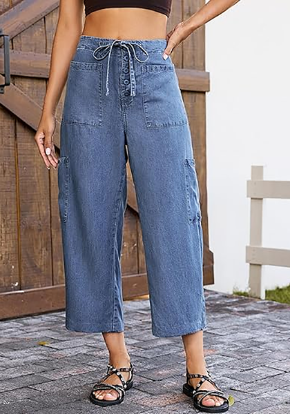 LookbookStore Women's Brilliant Blue Trendy Barrel Jeans, High Rise Wide Leg Baggy Denim Pants with Elastic Drawstring Waist & Button Fly