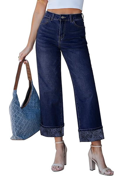 LookbookStore Women's Floral Darkness Blue High Waisted Cropped Wide Leg Jeans Trendy Printed Fold Hem Loose Straight Stretchy Denim Pants