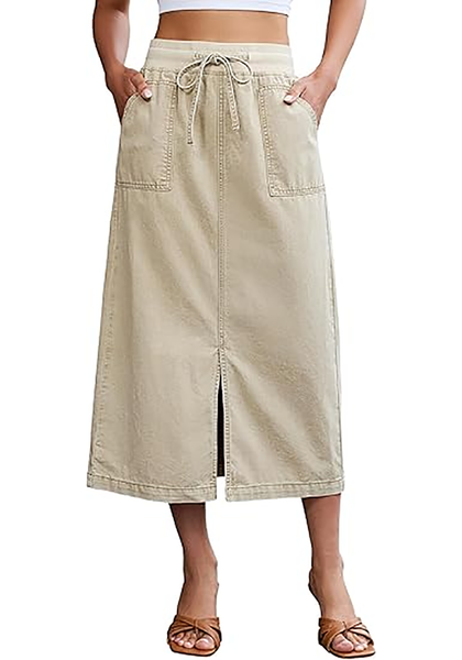 LookbookStore Women Sand High Waist Jean Midi Skirt Elastic Drawstring Denim Long Skirt with Pockets Front Split Design
