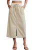LookbookStore Women Sand High Waist Jean Midi Skirt Elastic Drawstring Denim Long Skirt with Pockets Front Split Design