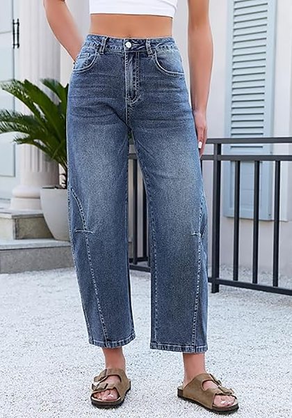 LookbookStore Women's Dark Ocean Blue High Waisted Baggy Barrel Jeans Cropped Wide Leg Casual Stretchy Denim Pants with Side Seam
