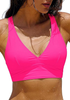 LookbookStore Women's Neon Pink V Neck Ruched Criss Cross Padded Bikini Top Modest Cute Swim Top for Beach Vacation