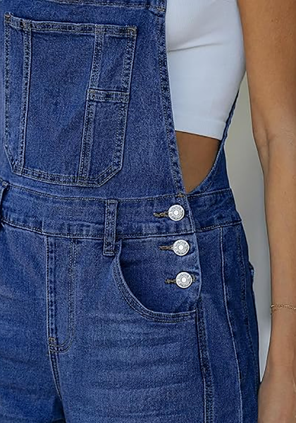 LookbookStore Women's Darkness Blue Denim Overalls Baggy Barrel Leg Stretchy Bib Jumpsuit Adjustable Straps Casual Fit