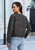 LookbookStore Women Washed Black Denim Jacket Crew Neck Button Front Utility Pockets Relaxed Fit Casual Daily Wear Staple