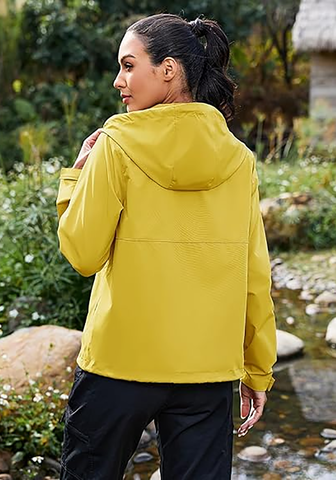 LookbookStore Women Gold Yellow Waterproof Lightweight Rain Jacket Hooded Windbreaker Drawstring Zip Rain Coat for Hiking Outdoor Travel