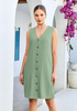 LookbookStore Women's  Sage Green Knee Length Linen Dress – Sleeveless V Neck Button Down, Self Tie Waist & Side Pockets