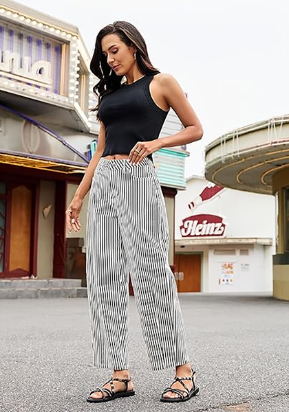LookbookStore Women's Black Trendy Barrel Jeans Baggy Wide Leg Pinstripe High Waisted Cropped Stretchy Denim Pants