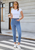 LookbookStore Medium Blue Cropped Straight Leg Jeans for Women High Waisted Slim Fit Denim Pants with Pockets