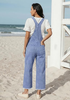 LookbookStore Women's Floral Powder Blue Embroidered Denim Overalls, Loose Fit Wide Leg Capri Bib Overall, Stretchy Raw Hem Summer Jean Jumpsuit