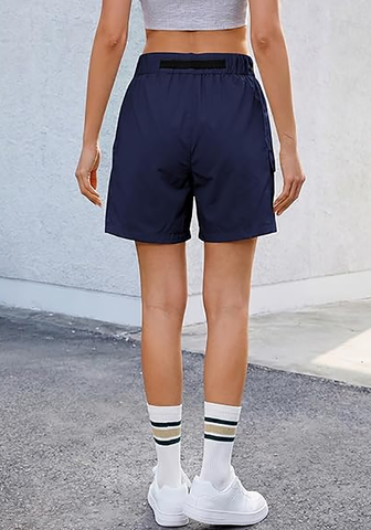 LookbookStore High Rise Navy Blue Women's Cargo Shorts, Mid-Thigh Quick Dry Hiking Shorts with Belt & Zipper Pockets