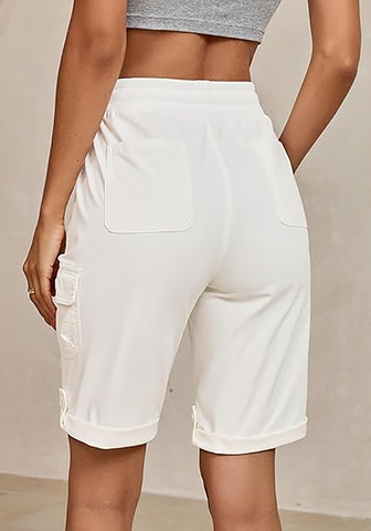 LookbookStore Women's Cream White Relaxed Fit Bermuda Shorts with Drawstring Waist and Utility Cargo Pockets