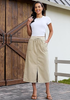 LookbookStore Women Sand High Waist Jean Midi Skirt Elastic Drawstring Denim Long Skirt with Pockets Front Split Design