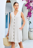 LookbookStore Women's White Knee Length Linen Dress – Sleeveless V Neck Button Down, Self Tie Waist & Side Pockets