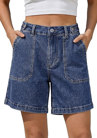 LookbookStore Women's Timeless Blue High Waisted Wide Leg Cinch Waist Stretchy Denim Shorts Casual Summer Mid Thigh Jorts