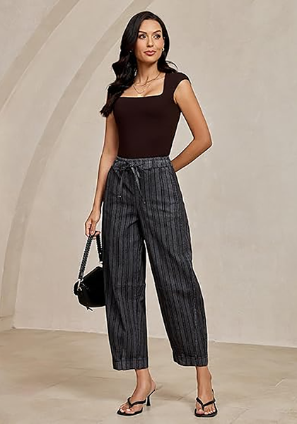 LookbookStore Women's Foxy Gray Stripe Cropped Barrel Jeans High Waist Elastic Pull On Wide Leg Casual Stretch Denim Pants