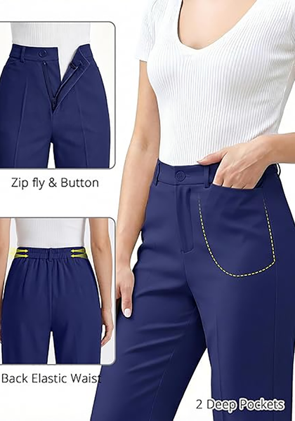 LookbookStore Women Navy Blue Ankle Straight Leg Dress Pants, Elastic Waist Business Casual Office Work Trousers with Pockets
