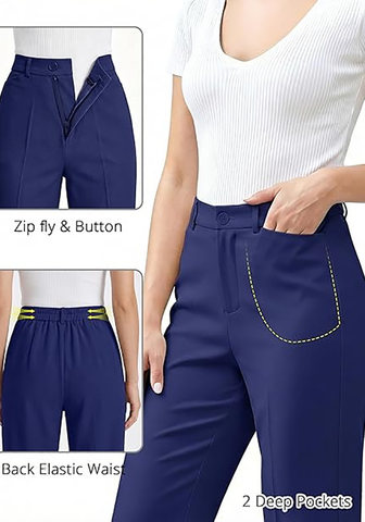 LookbookStore Women Navy Blue Ankle Straight Leg Dress Pants, Elastic Waist Business Casual Office Work Trousers with Pockets