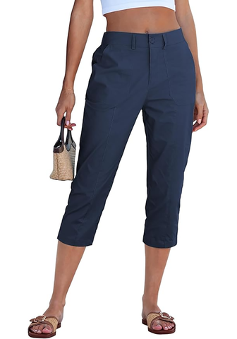 LookbookStore Women Dark Blue Utility Skimmer Capri Pants With Big Patched Pockets Back Elastic Waistband Ideal For Travel Daily Casual