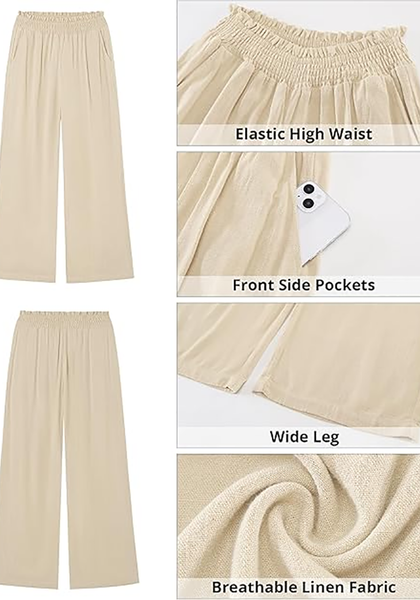 LookbookStore Women's Beige High Waisted Wide Leg Linen Pants Paper Bag Smocked Waist Casual Summer Beach Palazzo Pants