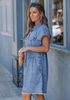 LookbookStore Reef Blue Women's Short Sleeve Babydoll Denim Dress – Pleated Raw Hem Distressed Western Style with Pockets