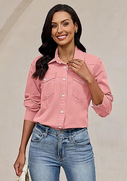 LookbookStore Women's Aurora Pink Long Sleeve Button Down Denim Shirt Relaxed Fit Chambray Western Style Casual Collared Jean Top