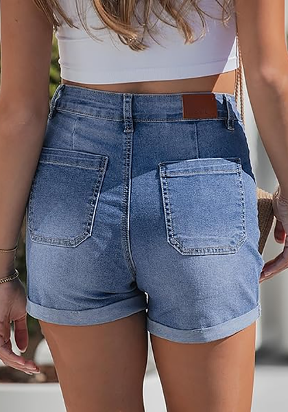 LookbookStore Medium Blue Women's High Waisted Stretch Denim Shorts with Patch Pockets Rolled Cuff Casual Summer Staple