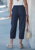 LookbookStore Women's Navy Blue Linen Barrel Capri Pants High Waisted Elastic Pull On Casual Summer Beach Vacation Pants