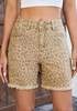 LookbookStore Women Khaki Leopard High Rise Leopard Cheetah Print Jean Shorts, Stretch Denim Raw Hem Mid Thigh Casual Summer Jorts