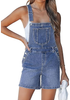 LookbookStore Women's Lapis Blue Loose Fit Denim Bib Overalls Baggy Stretchy Shortalls Summer Casual Adjustable