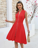 LookbookStore Women's Red Summer Beach Vacation Linen Dress Casual Flowy V Neck Sleeveless Smocked Zip Midi Dress with Pockets