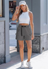 LookbookStore High Rise Pavement Gray Women's Cargo Shorts, Mid-Thigh Quick Dry Hiking Shorts with Belt & Zipper Pockets