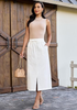 LookbookStore Women Cream White High Waist Jean Midi Skirt Elastic Drawstring Denim Long Skirt with Pockets Front Split Design