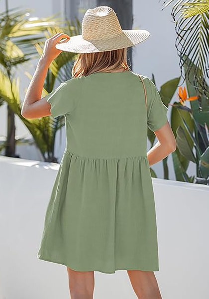 LookbookStore Women's Army Green Summer Casual Linen Babydoll Dress V Neck Short Sleeve Button Down Above Knee with Pockets