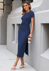 LookbookStore Women Navy Blue Summer Casual Long Dress, Twist Front Side Slit Short Sleeve Comfy T-Shirt Dress 2026 Beach Vacation
