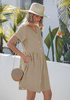 LookbookStore Women's Khaki Summer Casual Linen Babydoll Dress V Neck Short Sleeve Button Down Above Knee with Pockets