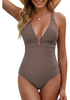 LookbookStore One Piece Coffee Brown Swimsuits for Women Adjustable Straps V Neck Gold Accent Detail Padded Bathing Suits