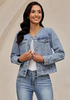 LookbookStore Women Roadknight Blue Denim Jacket Crew Neck Button Front Utility Pockets Relaxed Fit Casual Daily Wear Staple